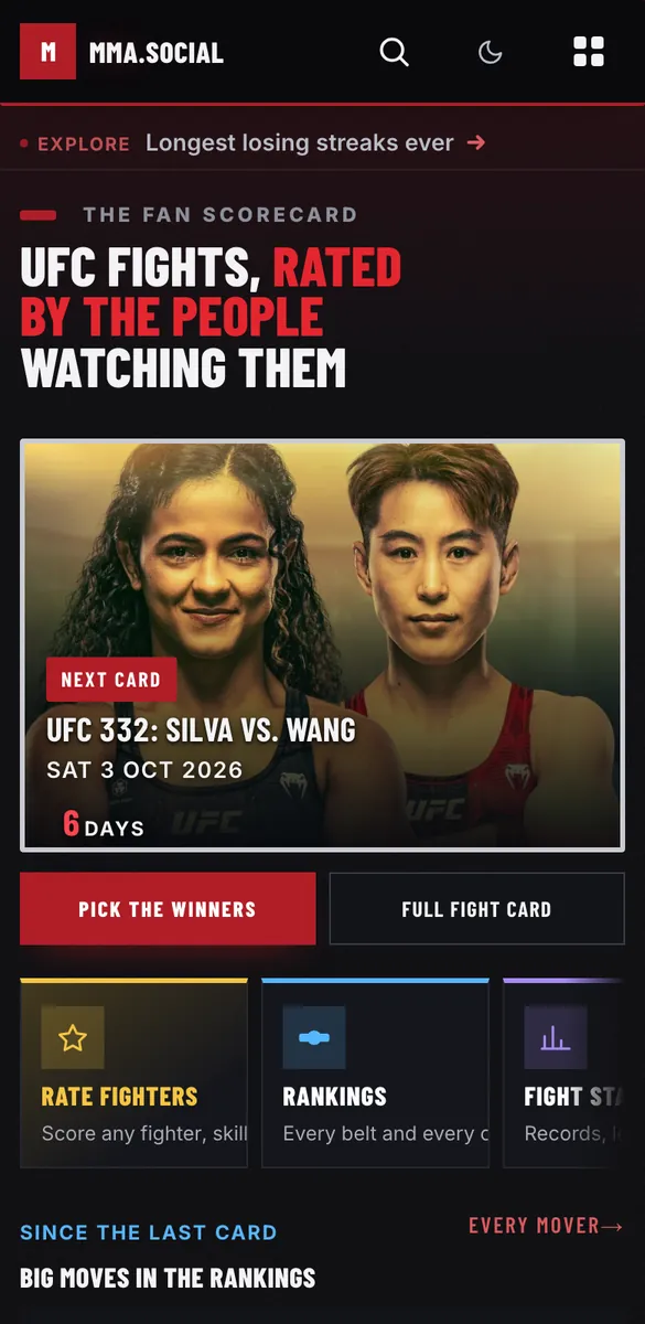 MMA.social in a phone browser — the fan scorecard home page