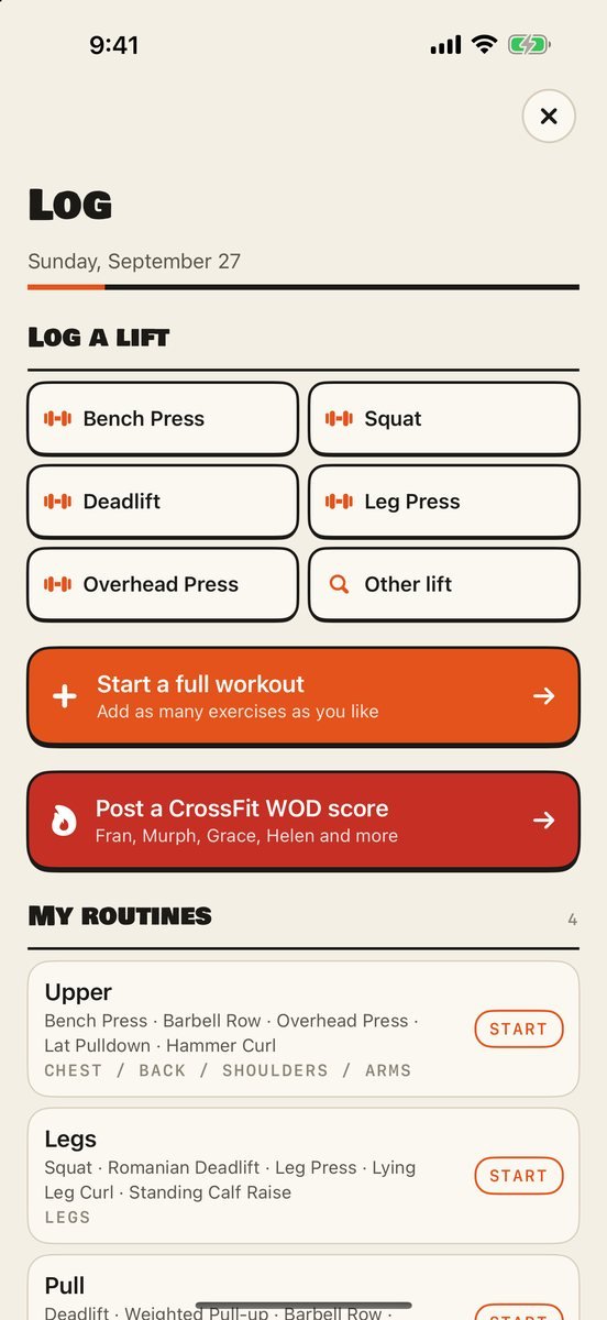 Brolic&rsquo;s Log screen: one-tap buttons for Bench Press, Squat, Deadlift, Leg Press and Overhead Press, a Start a full workout button, a CrossFit WOD button and saved routines.