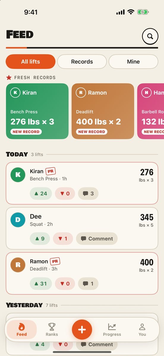 Brolic&rsquo;s feed: a strip of fresh records, then today&rsquo;s lifts by first name, each with small real and fake vote buttons and a comment button.