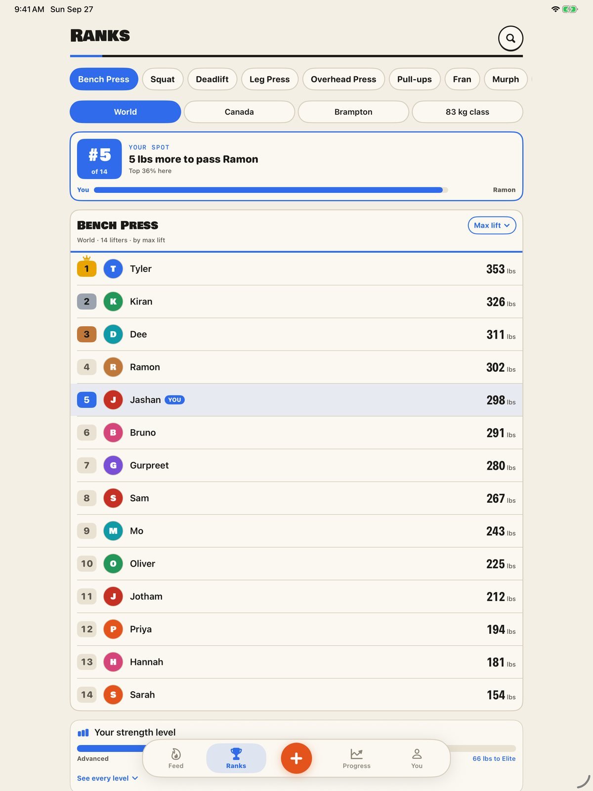 Brolic&rsquo;s leaderboard on iPad: the user&rsquo;s spot and the full ranked list by first name in a centred column.
