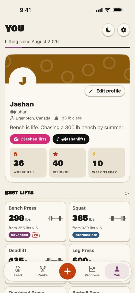 Your profile in Brolic: workouts, records and week streak, then your best lifts with the plates on the bar and your level on each.