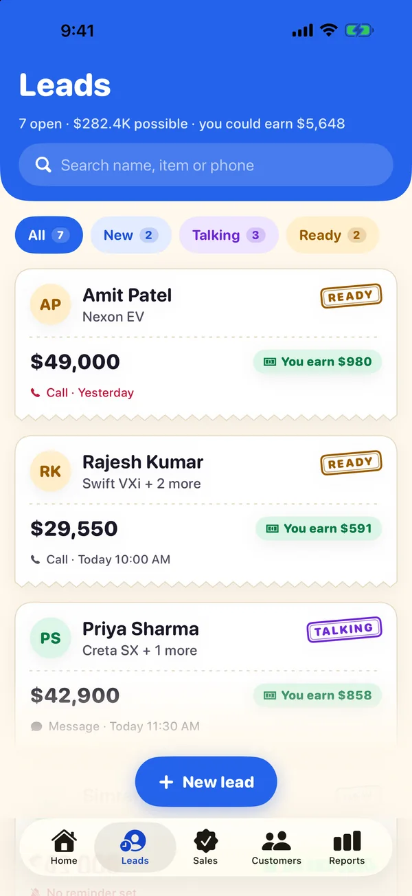 Clinch on iPhone — the list of leads, each with its price and what you earn