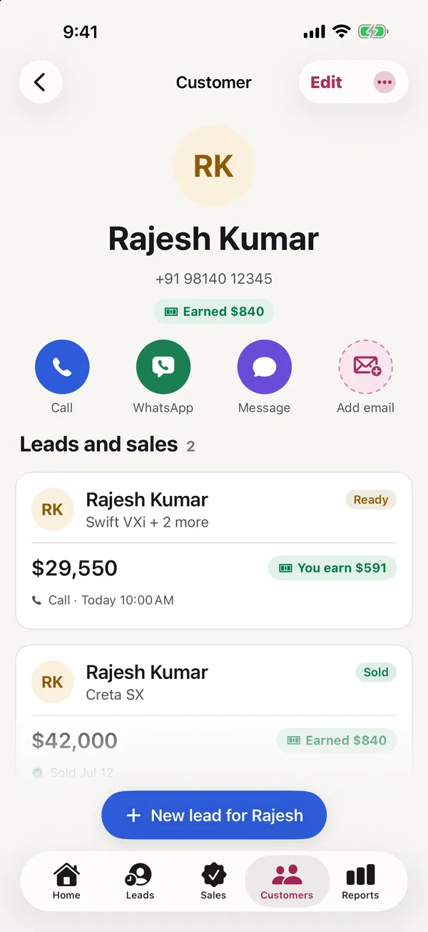A customer page with Call, WhatsApp and Message, and every lead and sale for them