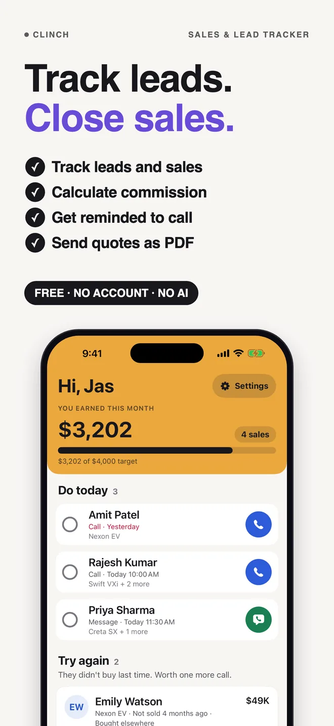 Track leads. Close sales. Track every lead, get call reminders, calculate commission, send quotes as PDF. Free, no account, no AI.