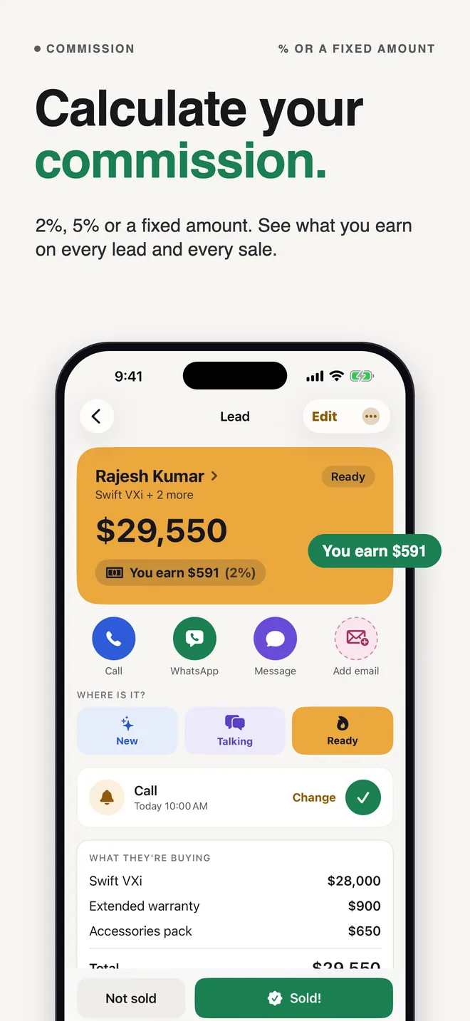 Calculate your commission: 2%, 5% or a fixed amount, on every lead and every sale.