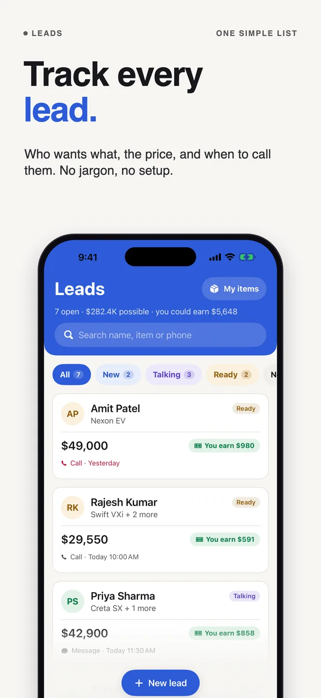 Track every lead: who wants what, the price, and when to call them.