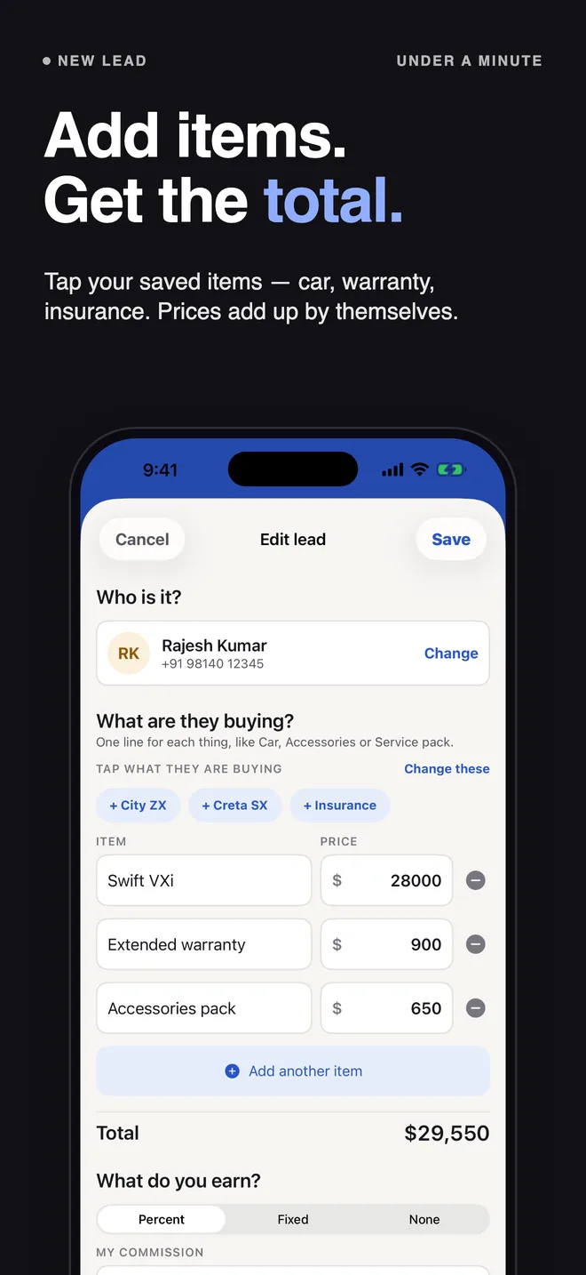 Add items, get the total: tap your saved items and the prices add up.