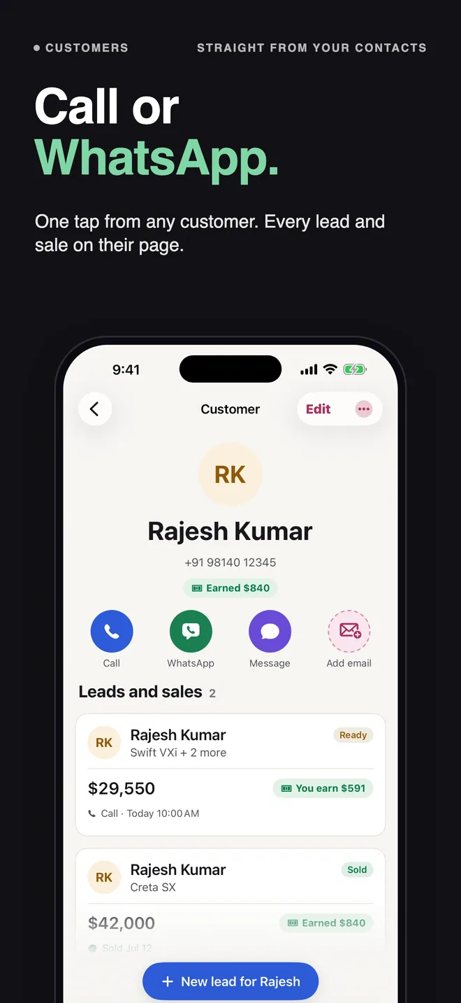 Call or WhatsApp in one tap from any customer.
