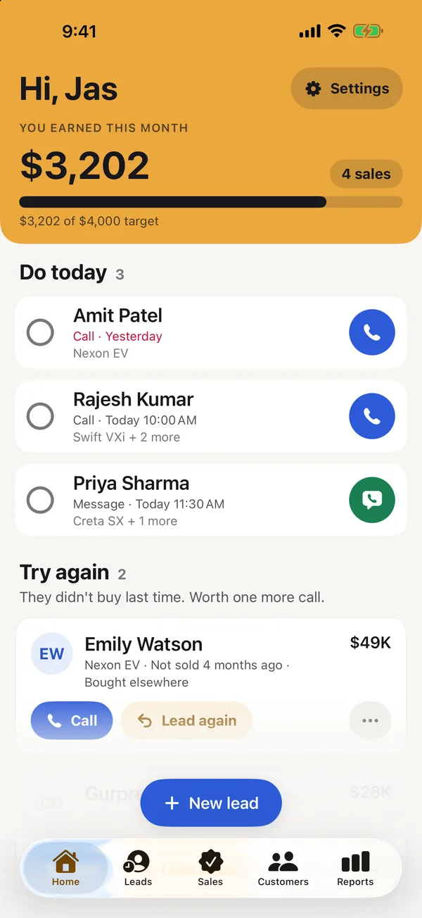 Clinch’s Home screen: what you earned this month against a target, who to call today, and leads to try again