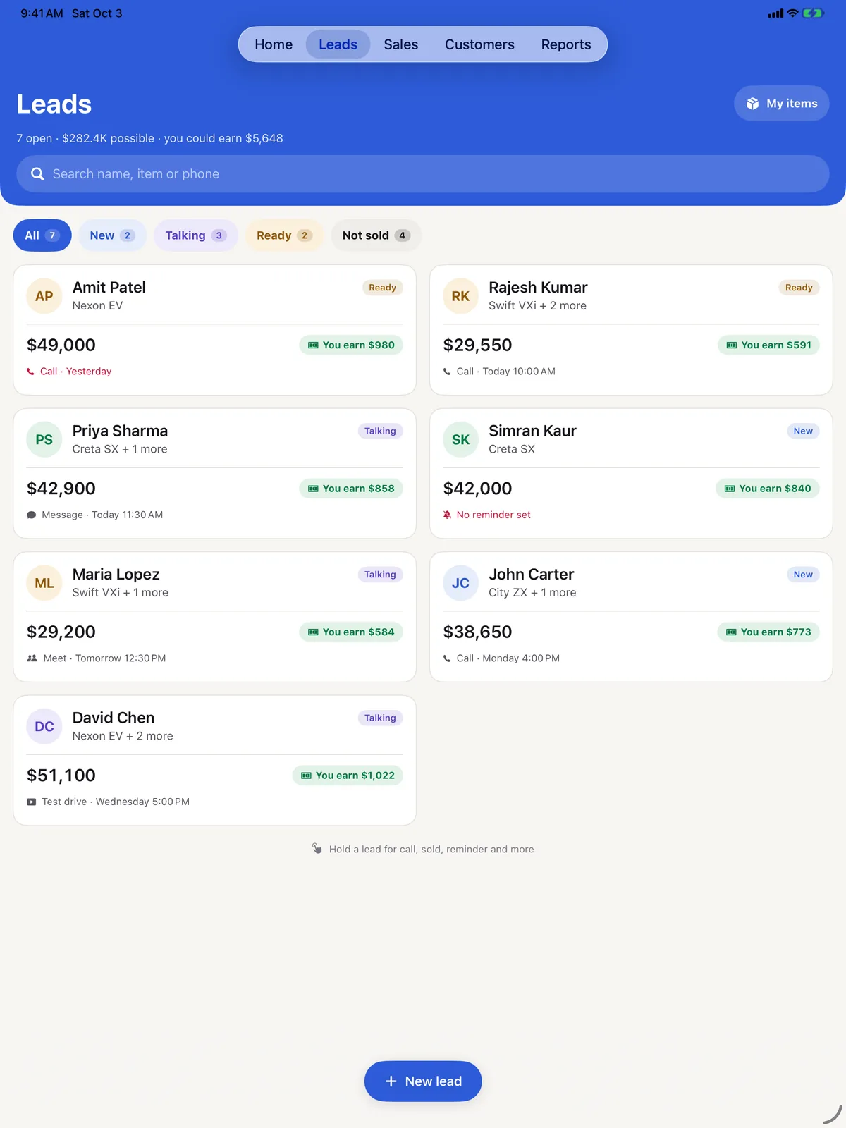 Clinch on iPad: leads in two columns, each with the price, what you earn and the next call