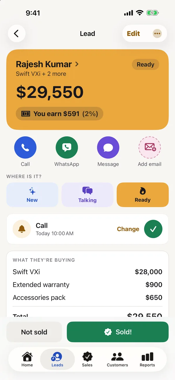 One lead: the price, what you earn, Call, WhatsApp and Message buttons, and the next call