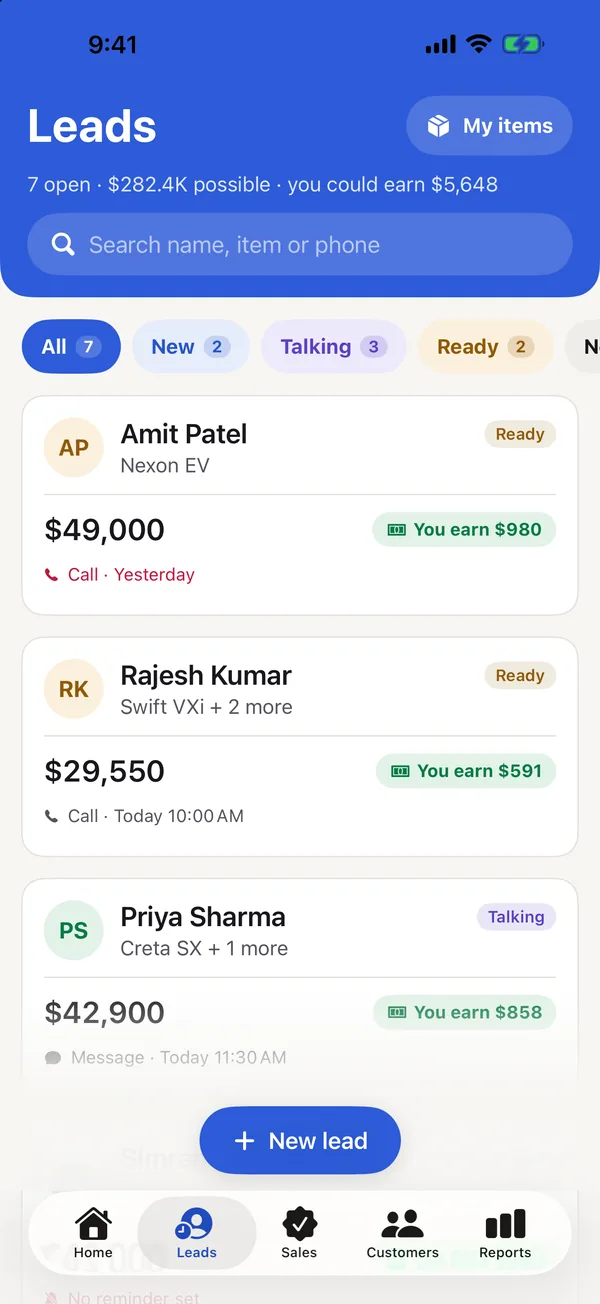 Clinch’s Leads list: each lead with the customer, what they want, the price and what you could earn