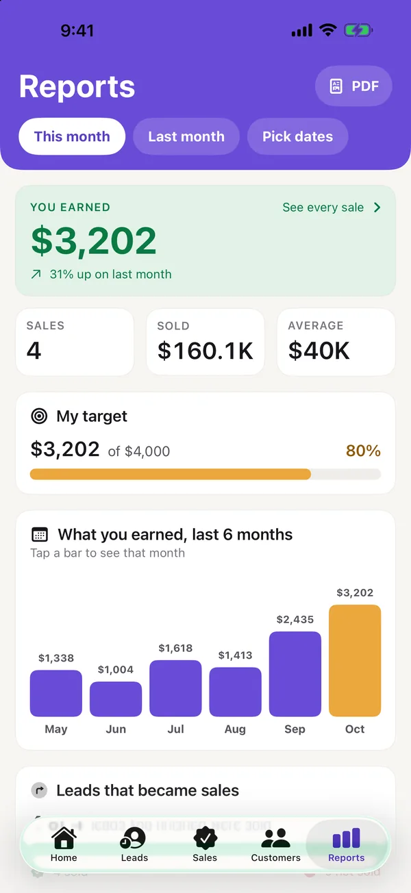 Reports: what you earned this month, sales, amount sold, your target, and a bar for each month