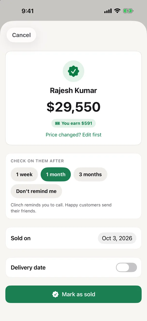 Marking a lead sold, with the amount and what you earn