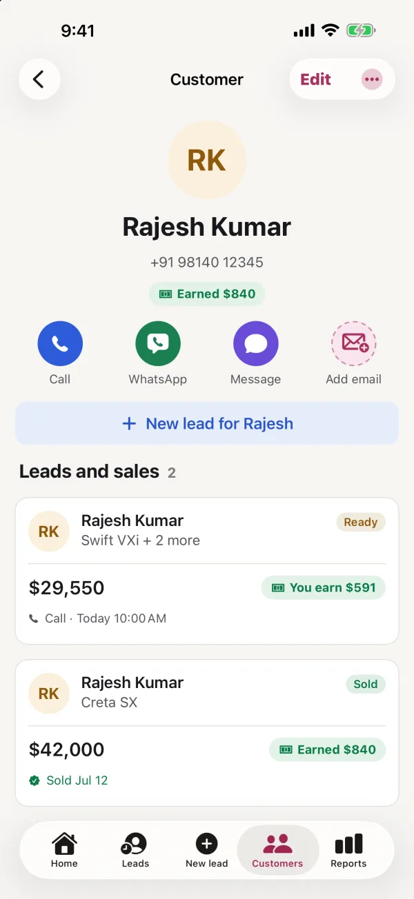 A customer page with Call, WhatsApp and Message, and every lead and sale for them