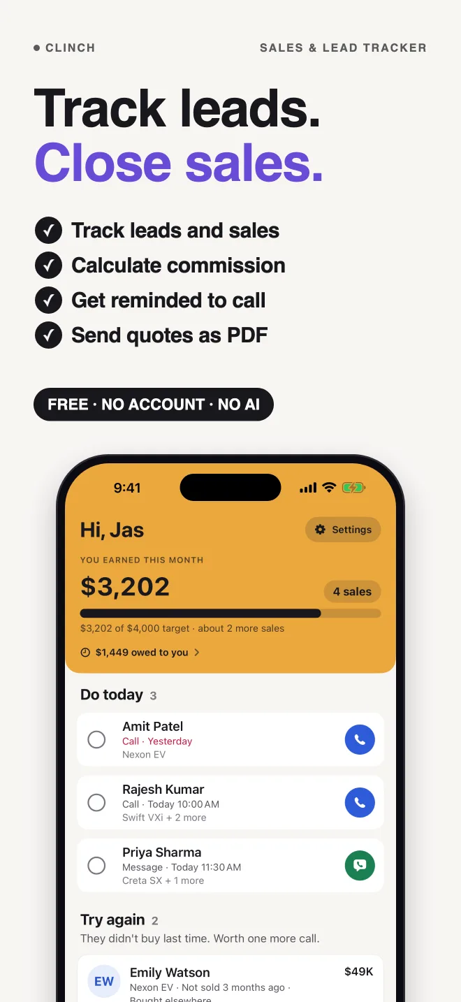 Track leads. Close sales. Track leads and sales, calculate commission, get reminded to call, send quotes as PDF. Free, no account, no AI.