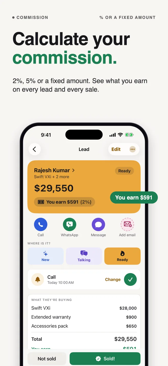 Calculate your commission: 2%, 5% or a fixed amount, on every lead and every sale.