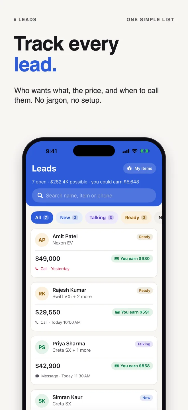 Track every lead: who wants what, the price, and when to call them. No jargon, no setup.