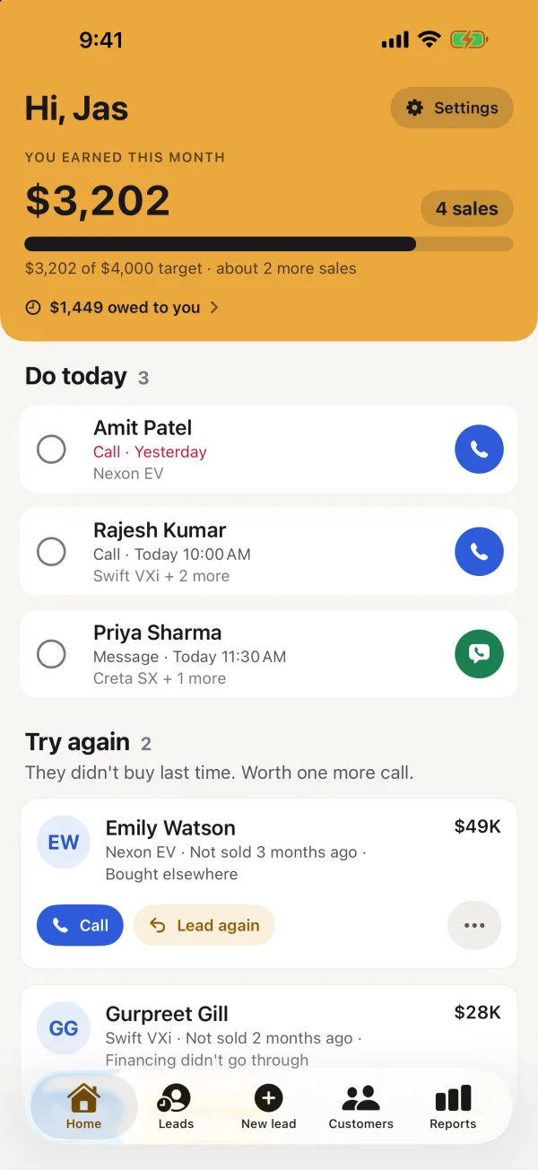 Clinch’s Home screen: what you earned this month against your target and how many more sales get you there, what you’re still owed, who to call today, and leads to try again