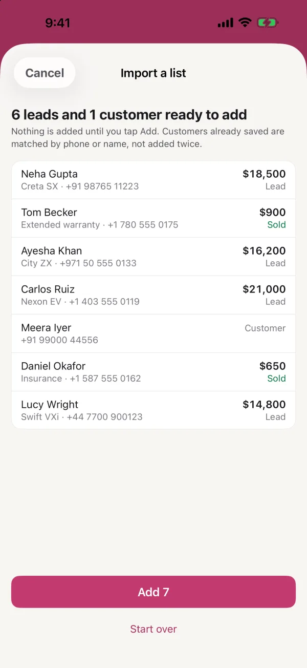 Importing a list: every row from the spreadsheet shown before anything is added, with 6 leads and 1 customer ready to add