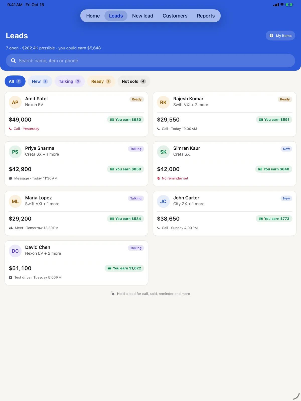 Clinch on iPad: leads in two columns, each with the price, what you earn and the next call