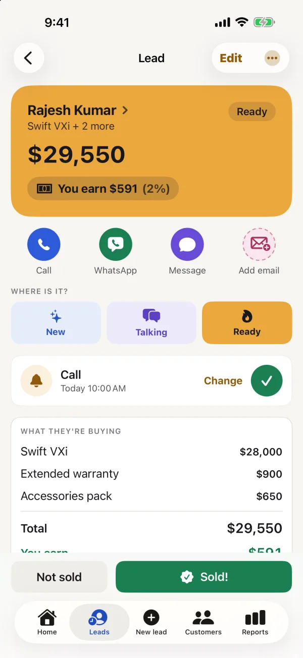 One lead: the price, what you earn, Call, WhatsApp, Message and email buttons, where it is (New, Talking or Ready), the next call and what they’re buying