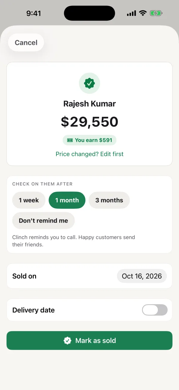 Marking a lead sold: the sold date and when Clinch should remind you to check on them after