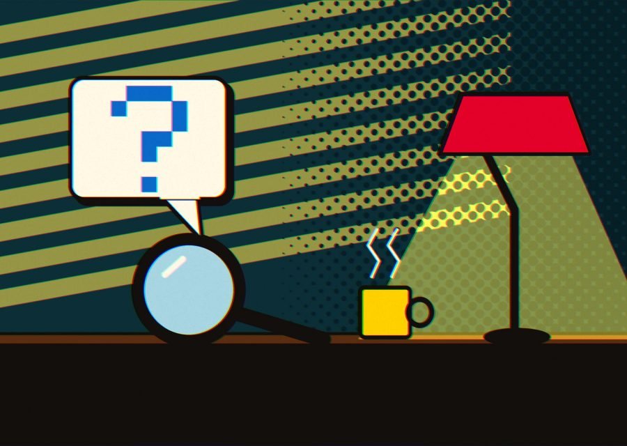 A desk at night with a lamp, a magnifying glass, a mug and a pixelated question mark in a speech bubble