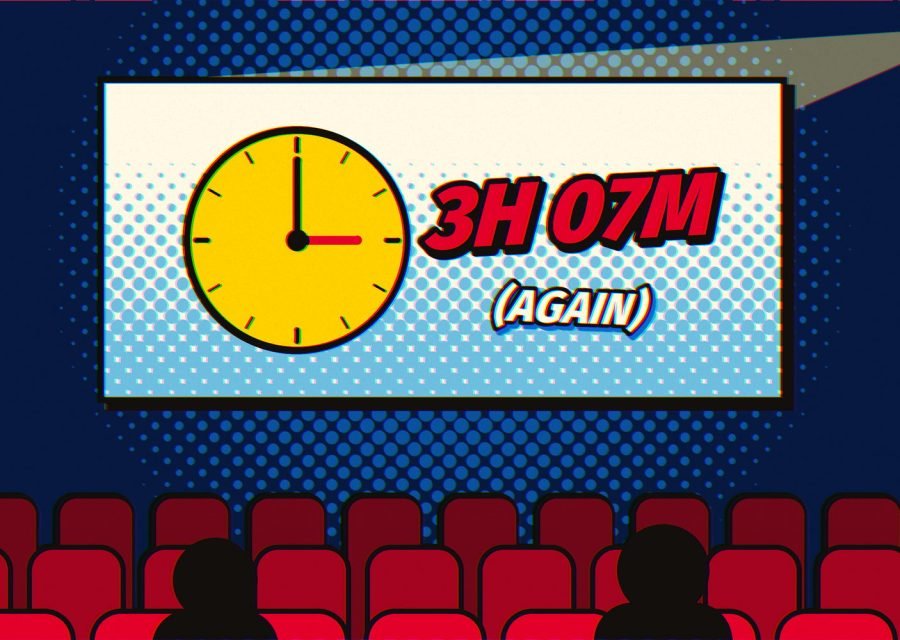 A cinema screen showing a clock and the running time 3H 07M above rows of red seats