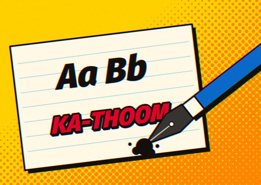 A dip pen crossing a ruled lettering sheet that reads Aa Bb and KA-THOOM
