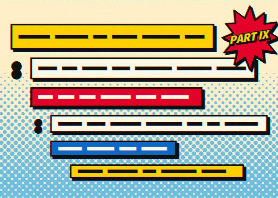 A stack of coloured title bars of different lengths with colons between them