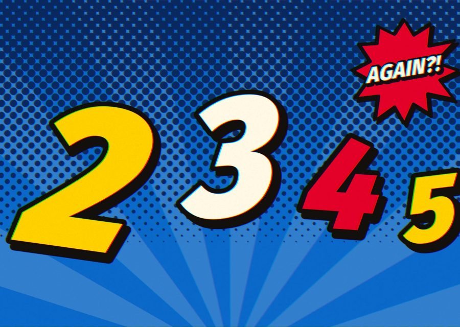The numerals 2, 3, 4 and 5 shrinking across a blue sunburst, with a burst that says AGAIN?!
