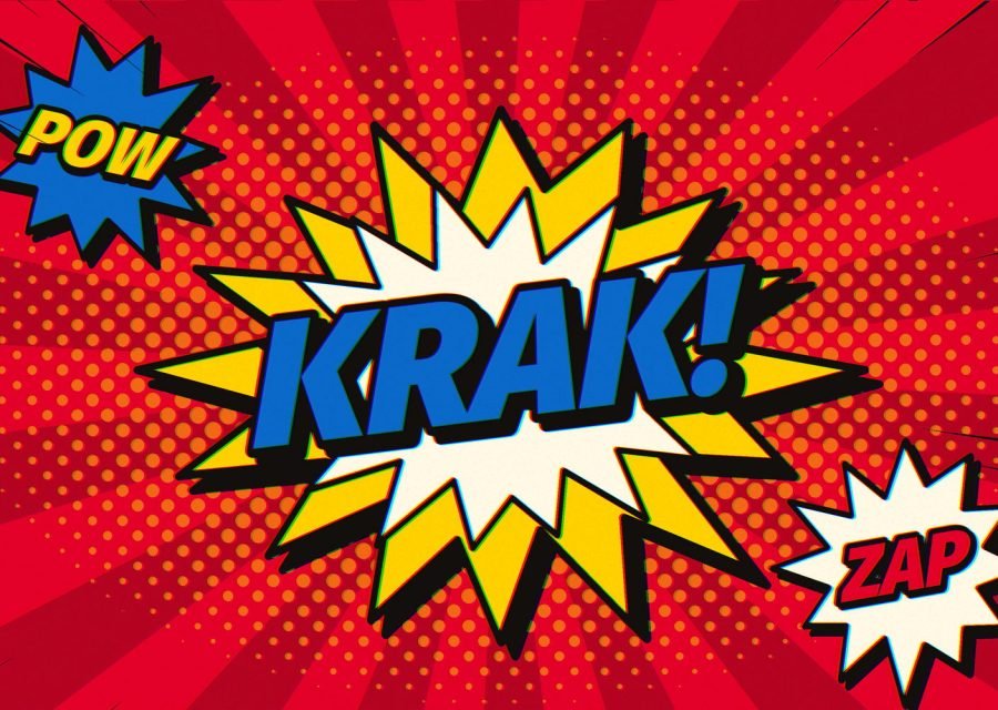 A giant yellow starburst lettered KRAK! with smaller POW and ZAP bursts