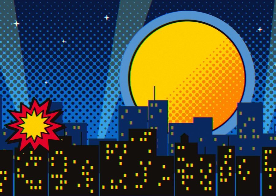 A night skyline under an enormous yellow moon, searchlights crossing a halftone sky