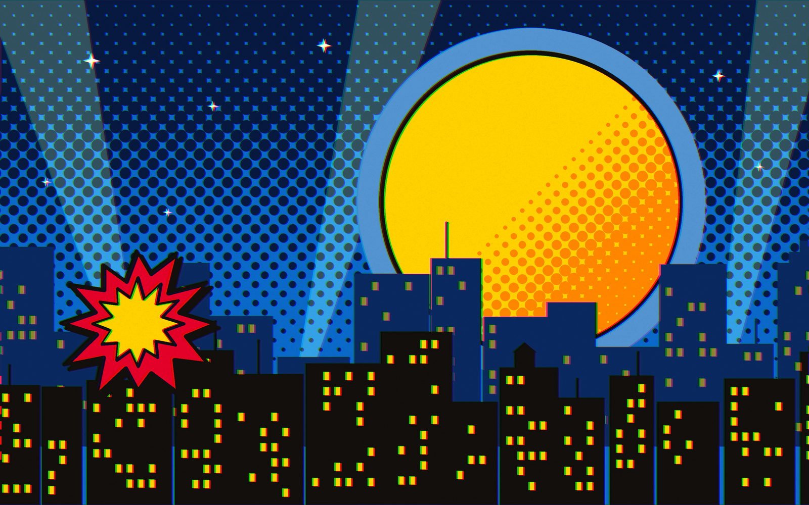 A night skyline under an enormous yellow moon, searchlights crossing a halftone sky