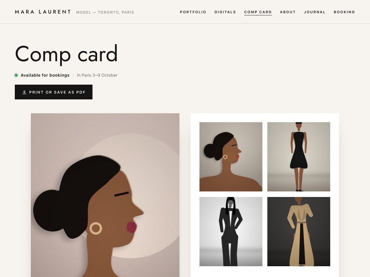 Compcard free WordPress theme — the comp card page