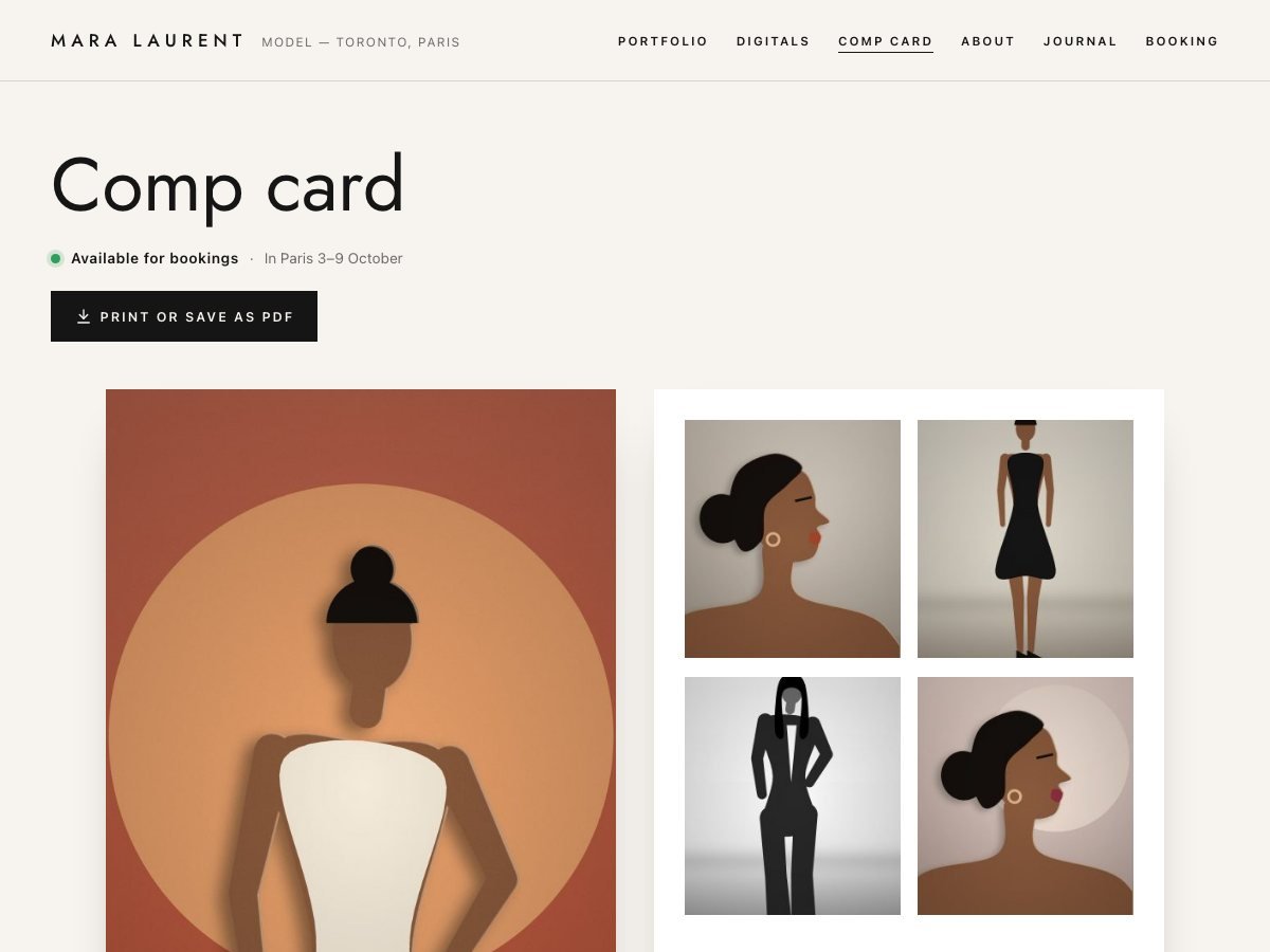 Compcard free WordPress theme — the comp card page
