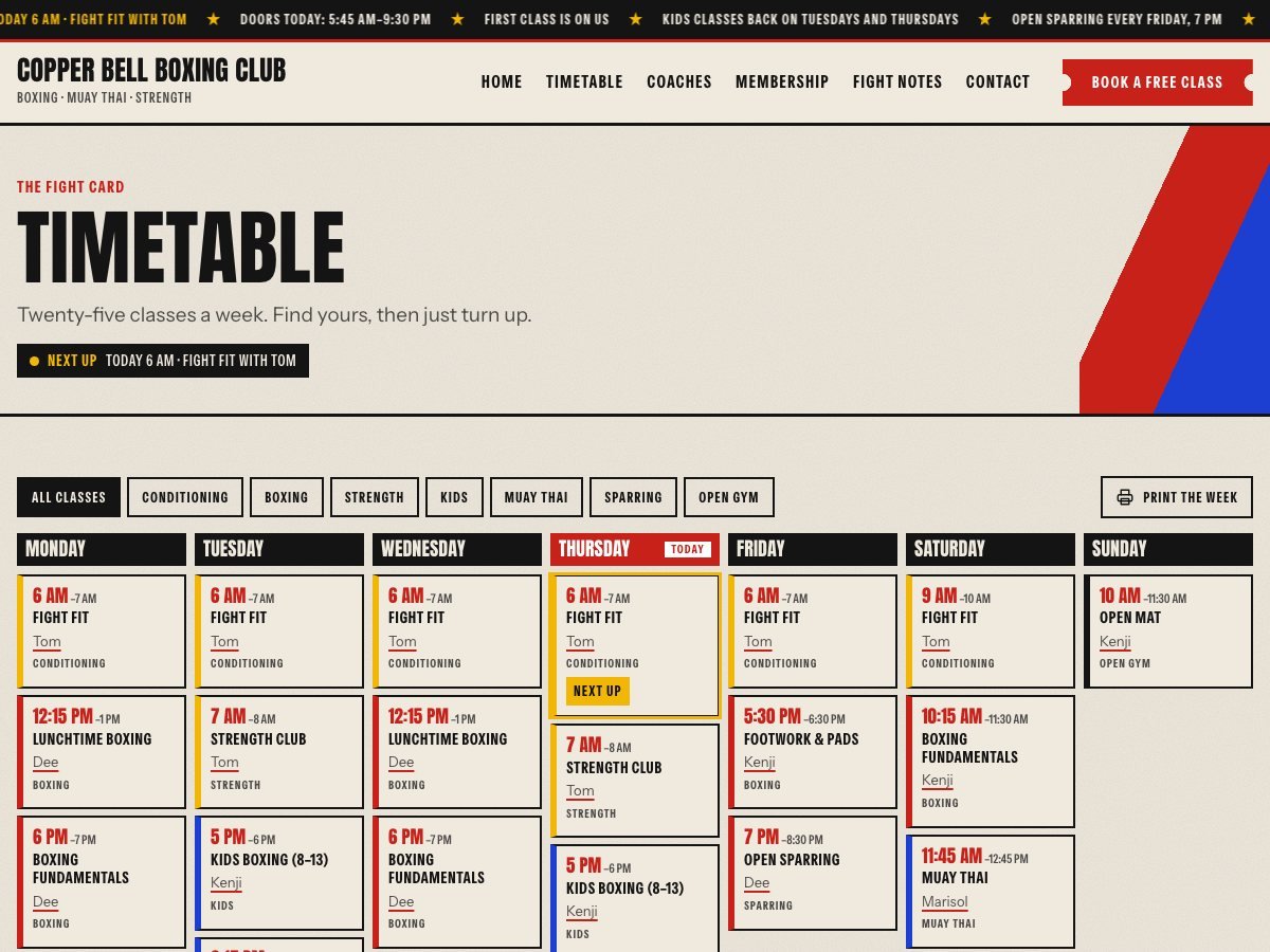 Haymaker free WordPress theme — the timetable page