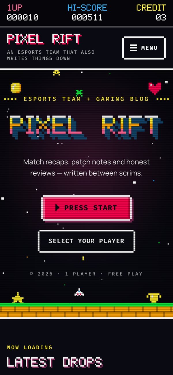 Highscore WordPress theme on a phone — the home page at 390 pixels wide