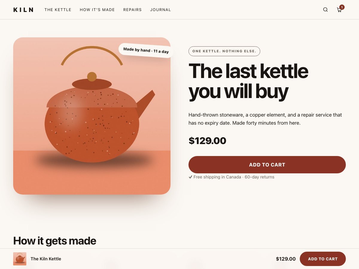 Kiln, a free Shopify ecommerce theme — the home page of the live demo