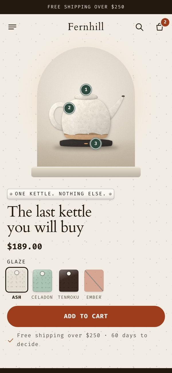 Kiln Shopify theme on a phone — the home page at 390 pixels wide