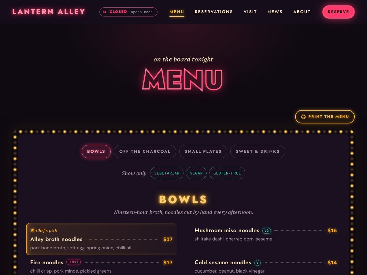 Nightmarket free WordPress theme — the menu page