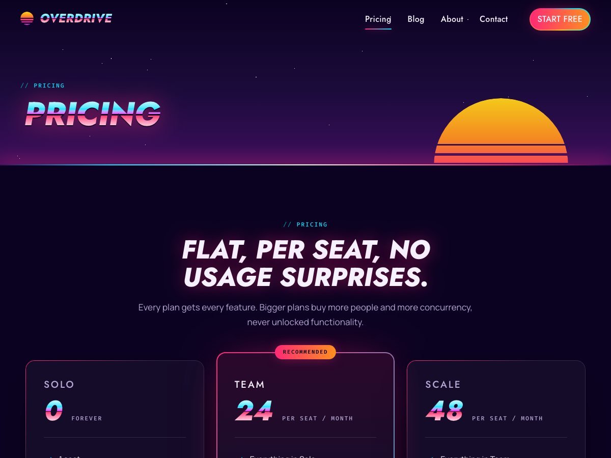 Overdrive free WordPress theme — the pricing page