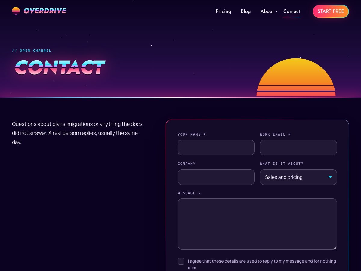 Overdrive free WordPress theme — the contact page