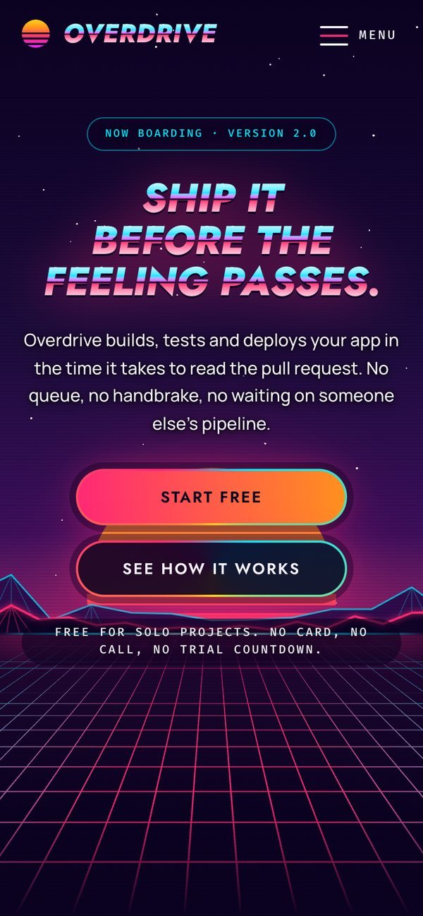 Overdrive WordPress theme on a phone — the home page at 390 pixels wide