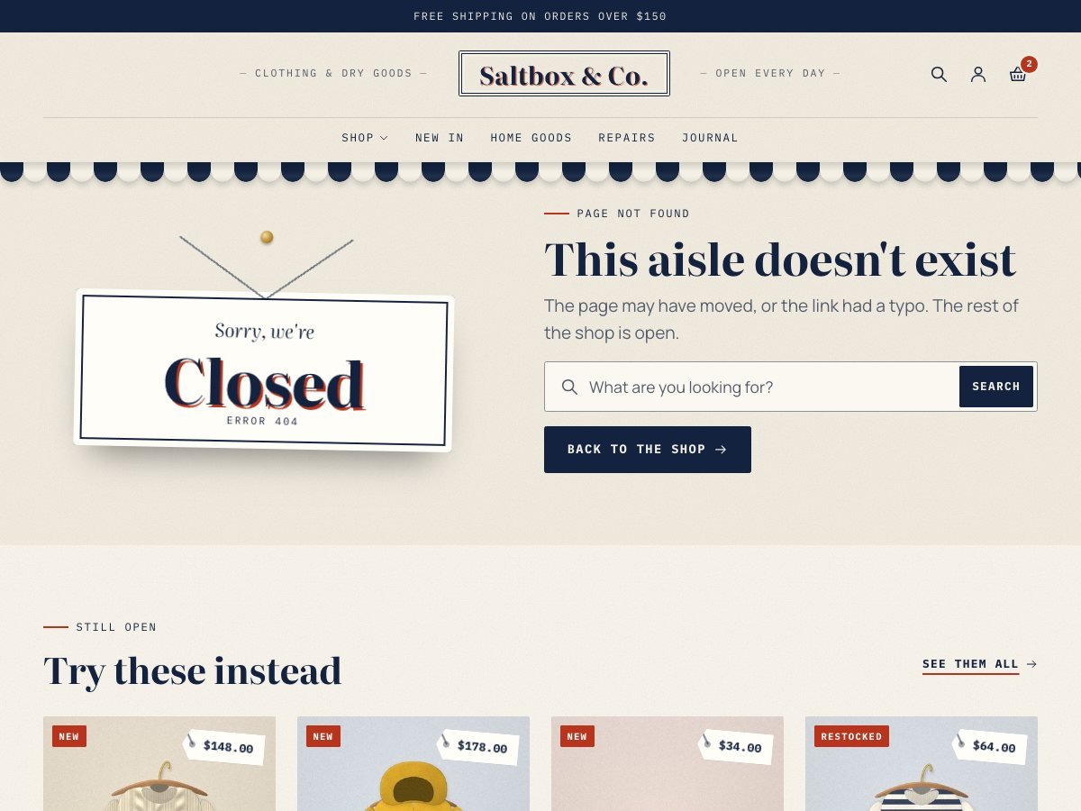 Saltbox free Shopify theme — the lost page