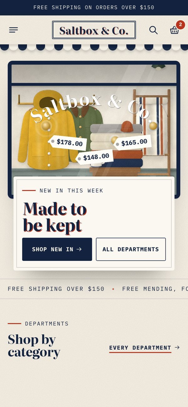 Saltbox Shopify theme on a phone — the home page at 390 pixels wide