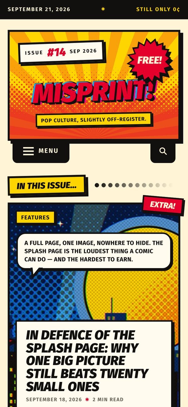 Splashpage WordPress theme on a phone — the home page at 390 pixels wide