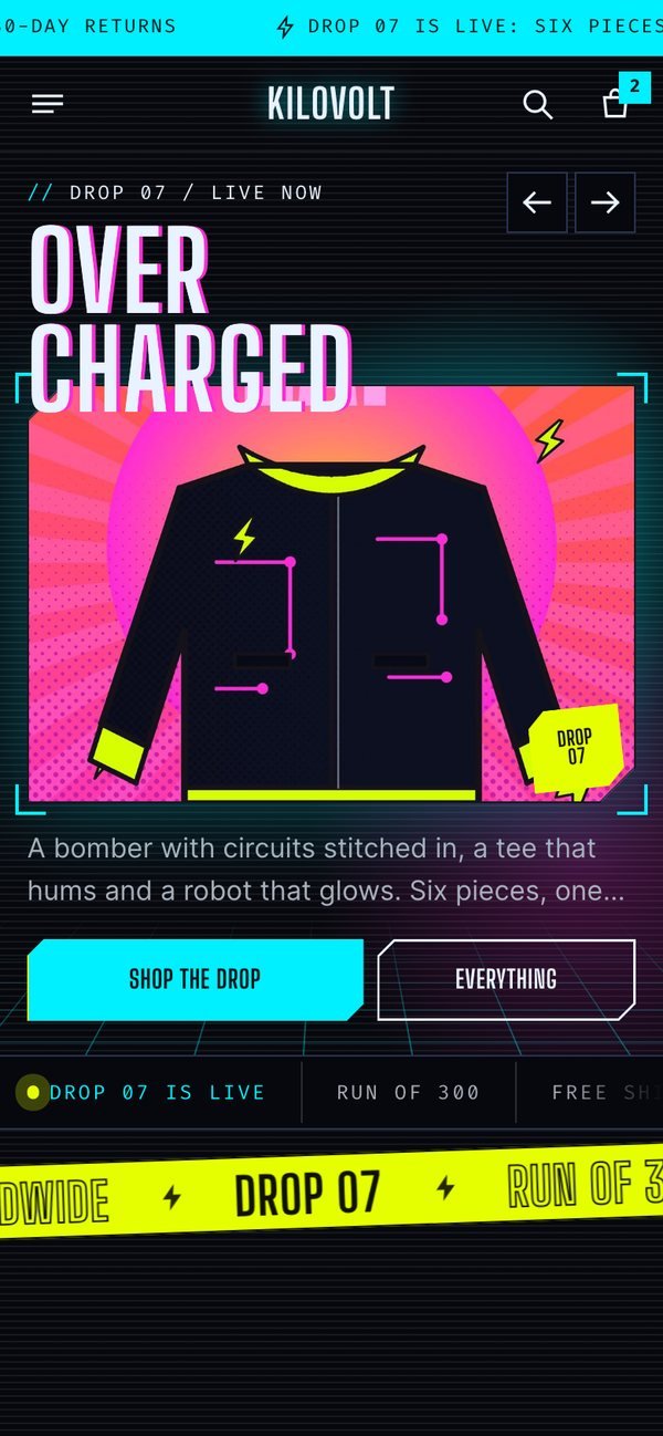 Voltage Shopify theme on a phone — the home page at 390 pixels wide