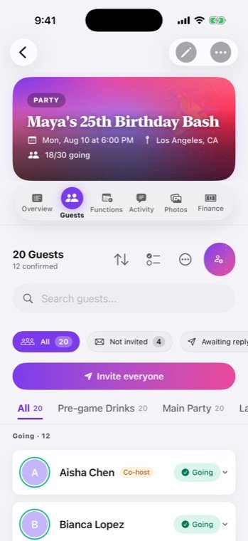 Gathr guest list with RSVP status for each invitee